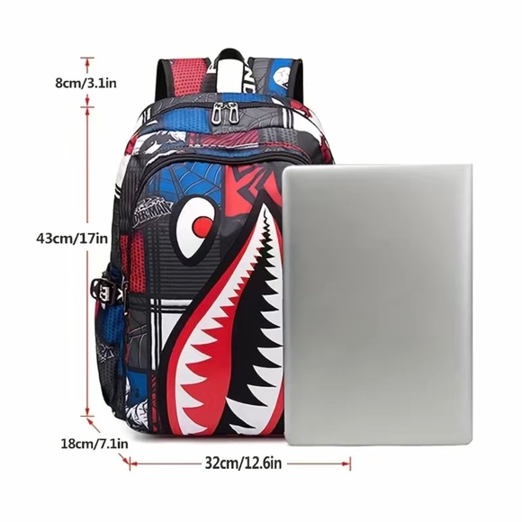 Shark Pattern Backpack, Trendy Nylon Student School Bag - Picture 8 of 9